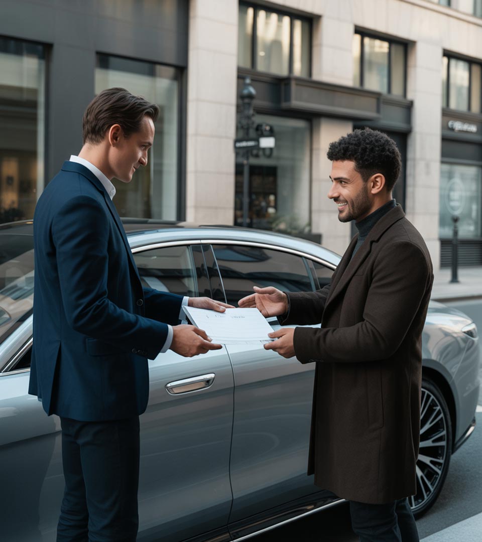 Zwei Männer übergeben Unterlagen neben einem geparkten Auto in Preetz