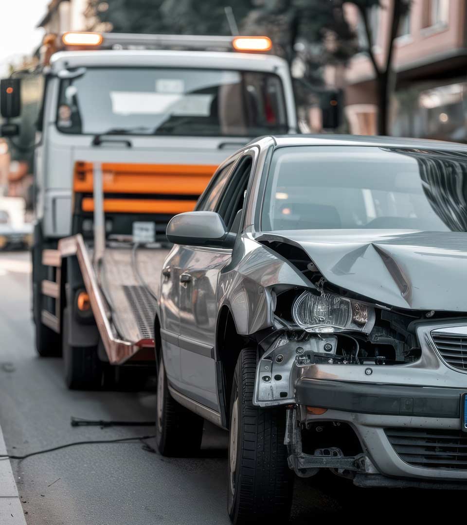 Unfallwagenankauf Preetz: Beschädigtes Auto wird nach dem Unfall per Abschleppwagen abgeholt.